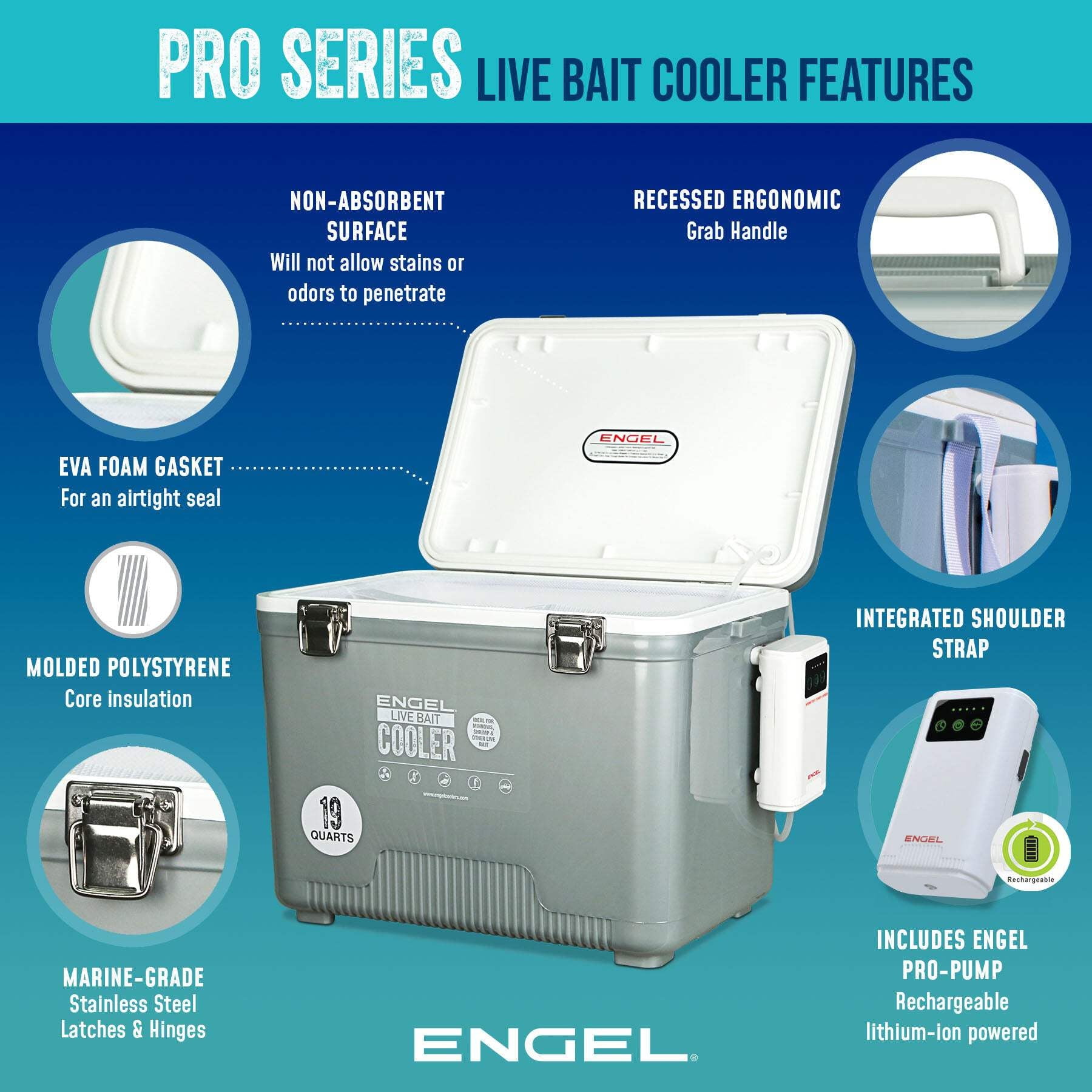 ENGEL 19 Qt Live Bait Pro Cooler with Rechargeable Aerator - Silver 19 Qt