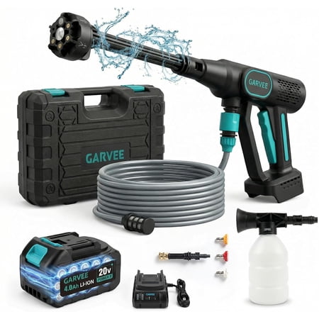 Pressure Washer Battery Powered Cordless with 6-in-1 Nozzle, 26FT High-Elastic Hose, 20 V Battery & Charger; Portable Handheld Cleaner for Home, Car, Garden