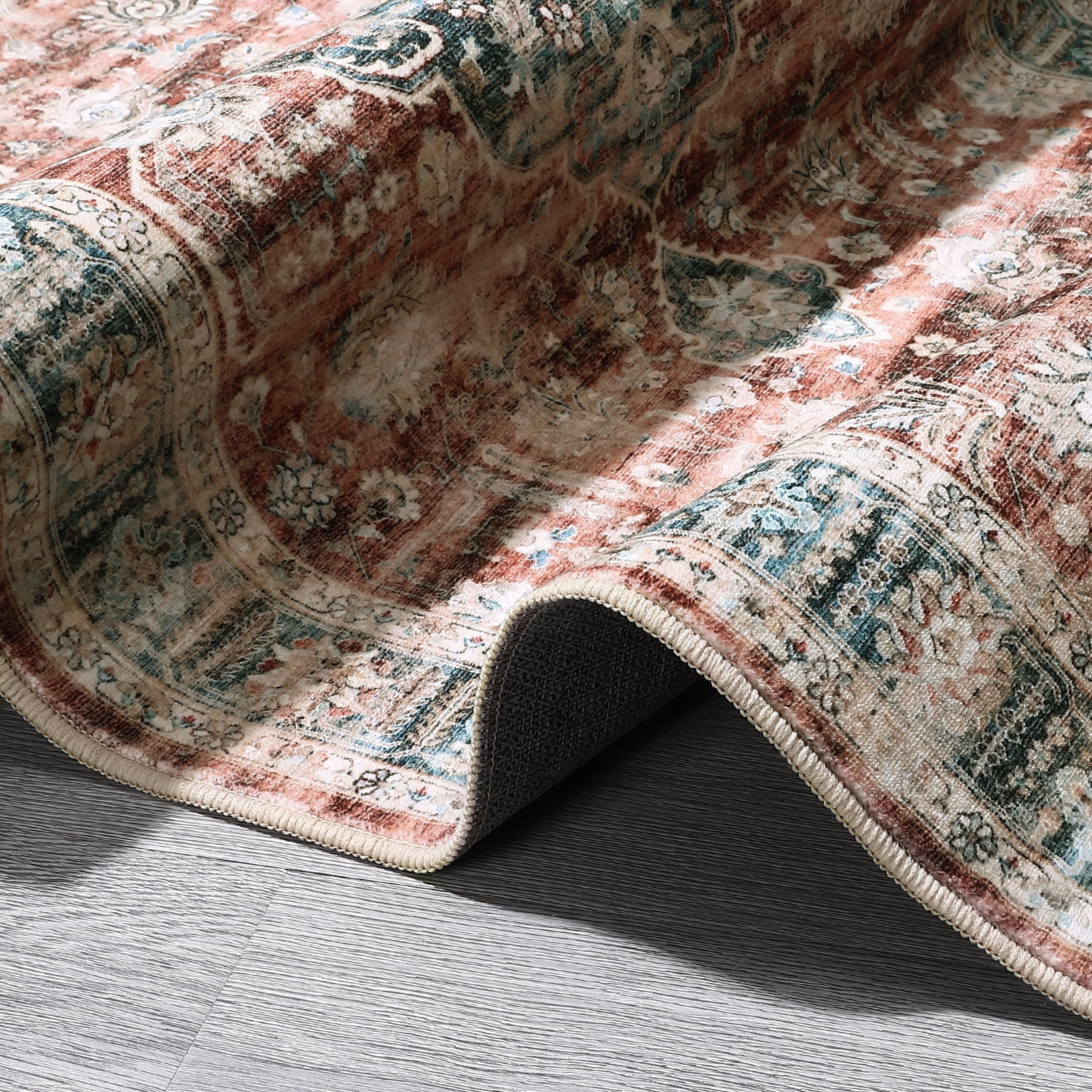 Hasoo 6' x 9' Area Rug Vintage Medallion Distressed Rug Indoor Soft Low Pile Washable Rug for Living Room Home Office Brick Red