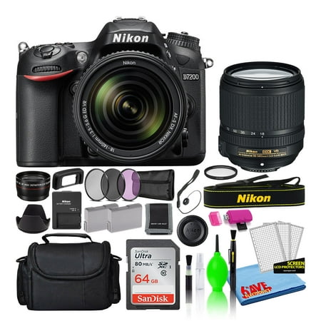 Nikon D7200 24.2MP DSLR Digital Camera with 18-140mm VR Lens (1555) Bundle with SanDisk 64GB SD Card + Camera Bag + Filter Kit + Spare Battery + Telephoto Lens
