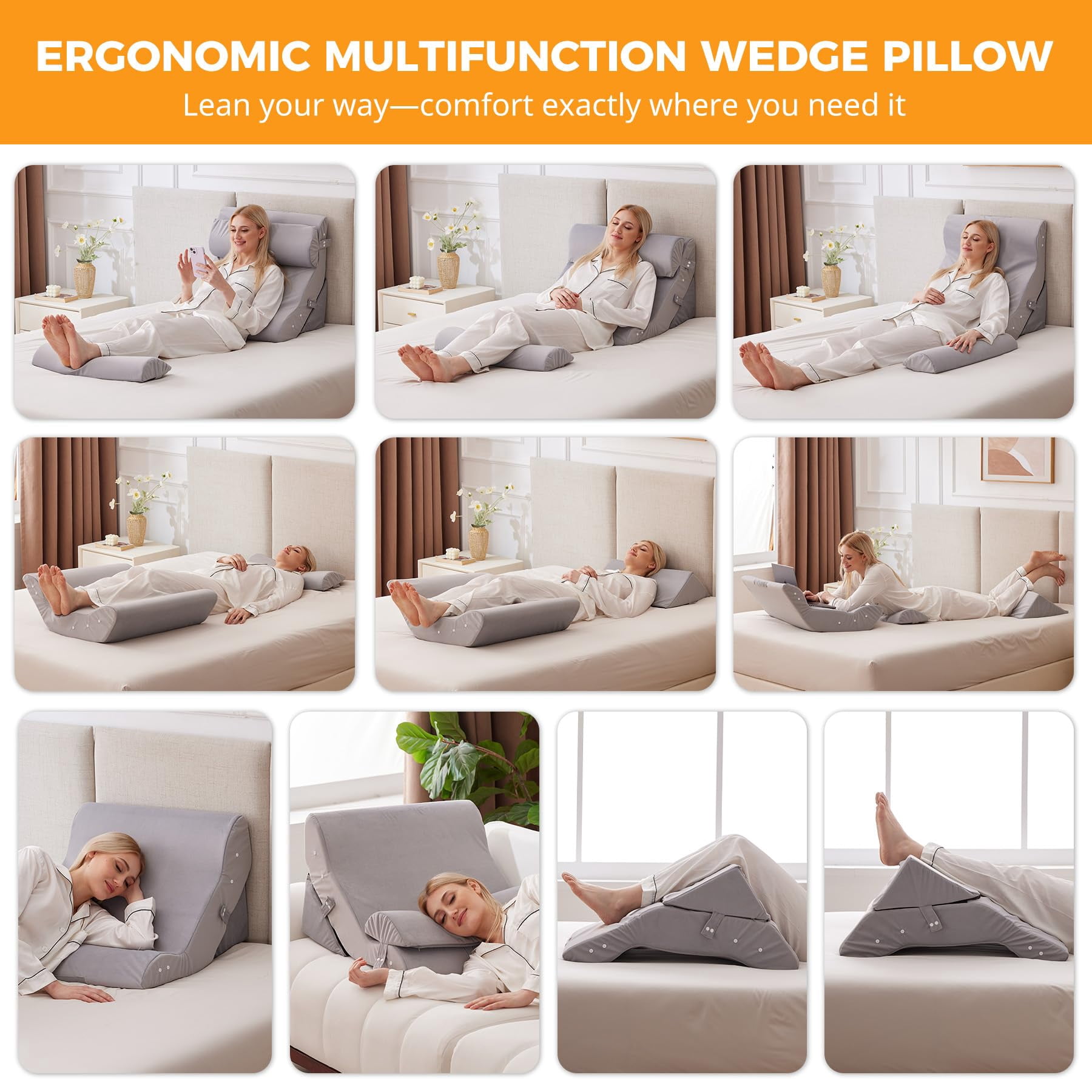 4pcs Wedge Pillow Set For After  Adjustable Bed Sitting Up Acid Reflux Headboard Sleeping&snoring Plush Grey