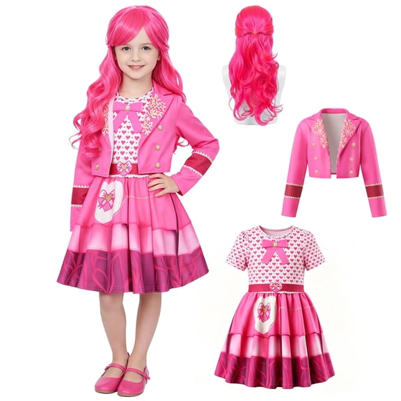 Pink Princess Dress Cosplay Costume, Rise of Red Halloween Costumes, Short Sleeve Skirts with Wig Jacket, Movie Character Halloween Cosplay, 110
