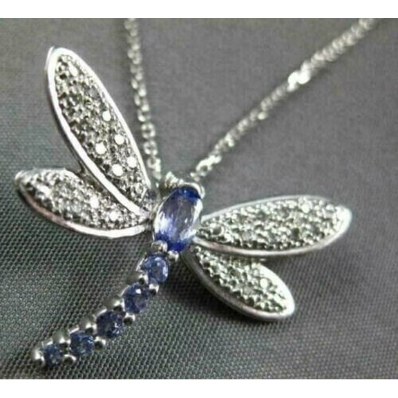 Women's Oval Cut Tanzanite Dragonfly Pendant Necklace 14K White Gold Finish 18 "Chain