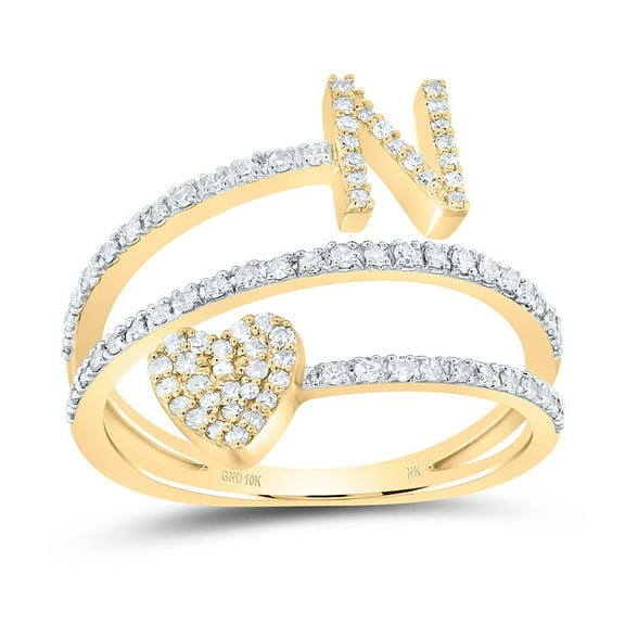 14K Yellow Gold Diamond Women's Block Letter N Initial & Heart Wrap Ring 3/8 CT