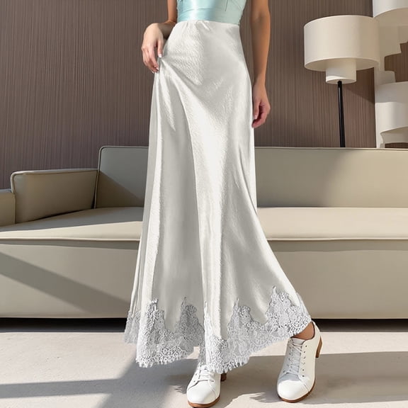 Women Silk Satin Half Slip Long Skirts Lace Patchwork Elastic Waist Long Skirt Elegant Silky Flowy A Line Midi Skirts