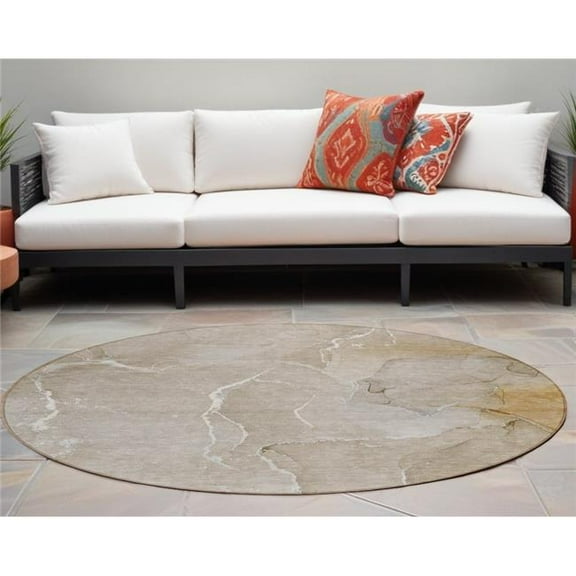HomeRoots 559916 8 ft. Round Beige Round Abstract Washable Non Skid Indoor Outdoor Machine Woven Area Rug