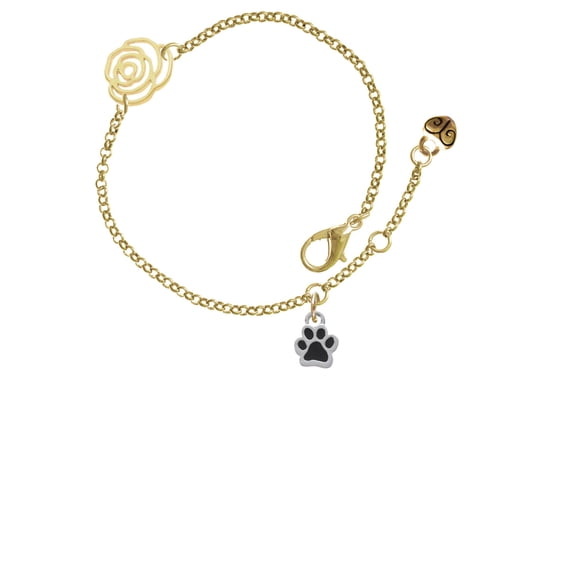 Delight Jewelry Silvertone Mini Translucent Black Paw Gold-tone Rose Link Chain Bracelet, 6.25"+1.75" Extender
