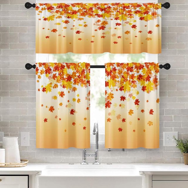 Fall Leaves Kitchen Window Curtains Valance and Tier Set 36 Inch, Autumn Orange Maple Leaf 3 Piece Window Treatment Tiers for Living Room Bedroom Kitchen Decor Drapes