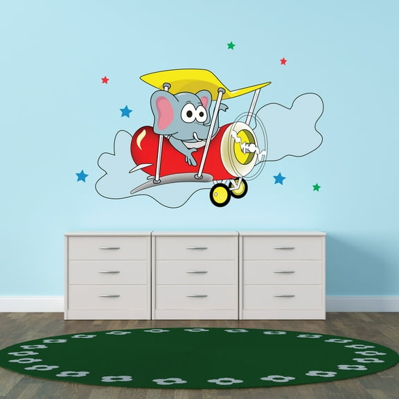 Cartoon Wall Decals for Boy's Bedroom - Happiest Baby Elephant Flying Airplane in Sky Wall Sticker Decal With Easy Installation Instructions Kid's Bedroom Décor Wall Sticker - Size: 10 In x 7 In