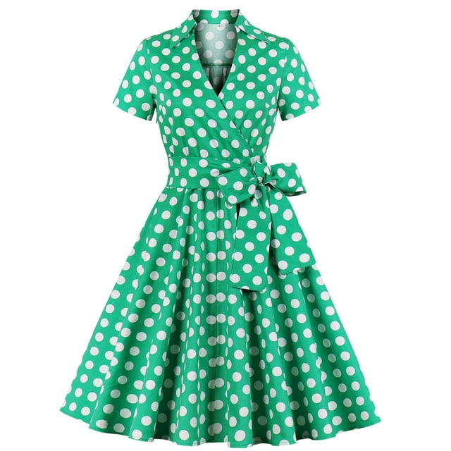 LOVZFMLL Robe de Mode Décontractée pour Femmes, Taille Mi-Haute, Manches Courtes, Col Rabattu, Vert 2TG