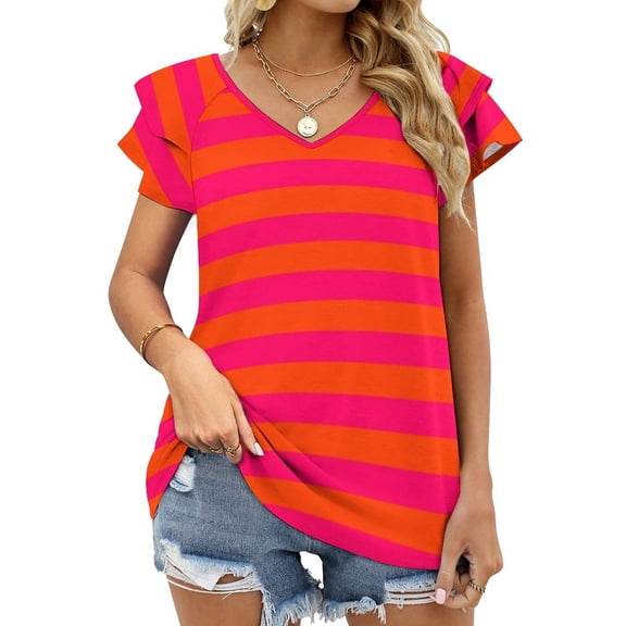 Orange Pop And Hot Neon Pink Horizontal Stripes Lotus Leaf Neck Women'S T-Shirt Cute Elegant Tops Tees Long Sleeve T-Shirts