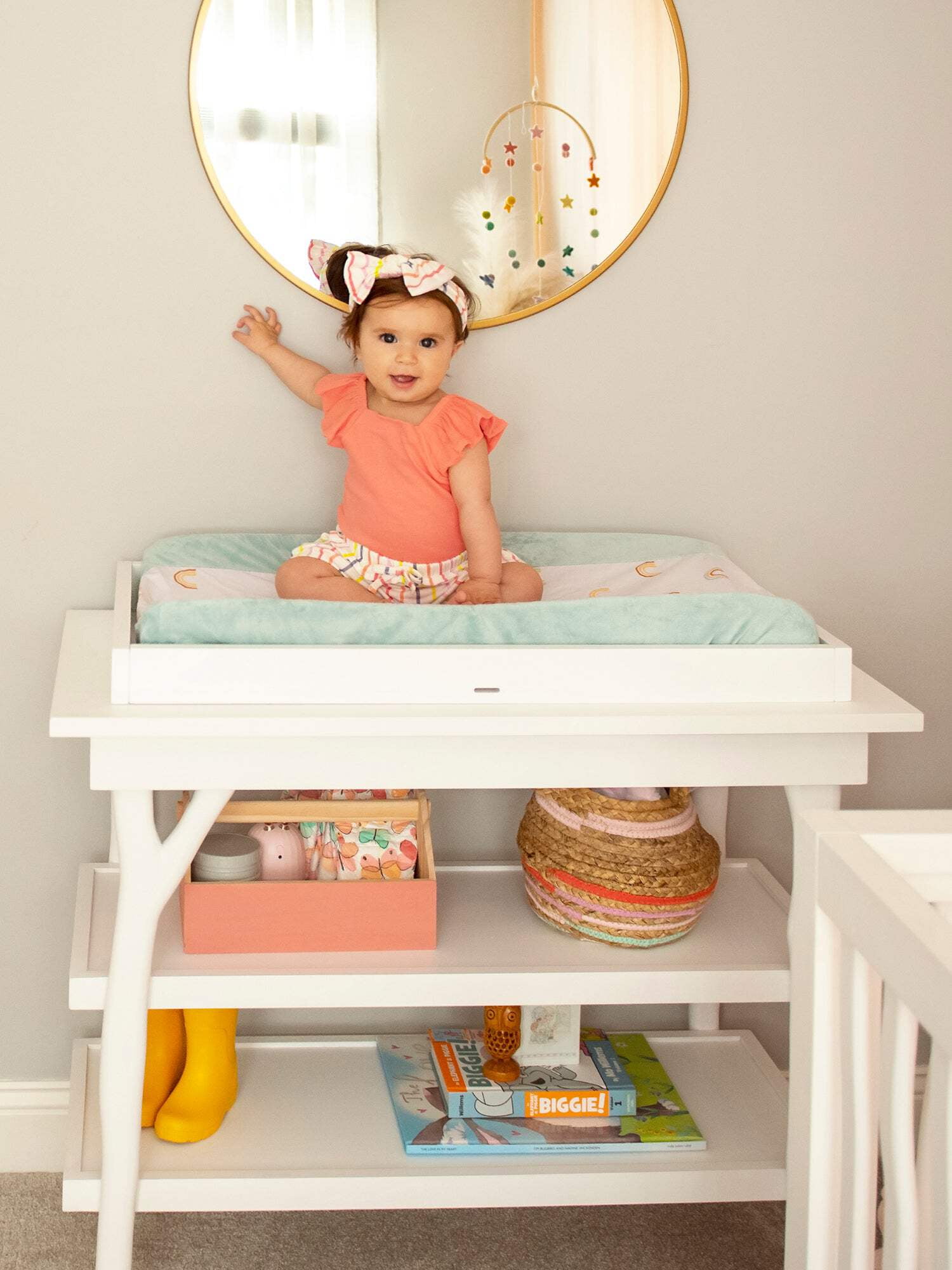Milk Street Baby Branch Open Shelf Changing Table in Natural with Snow GREENGUARD GOLD CERTIFIED FINISHES