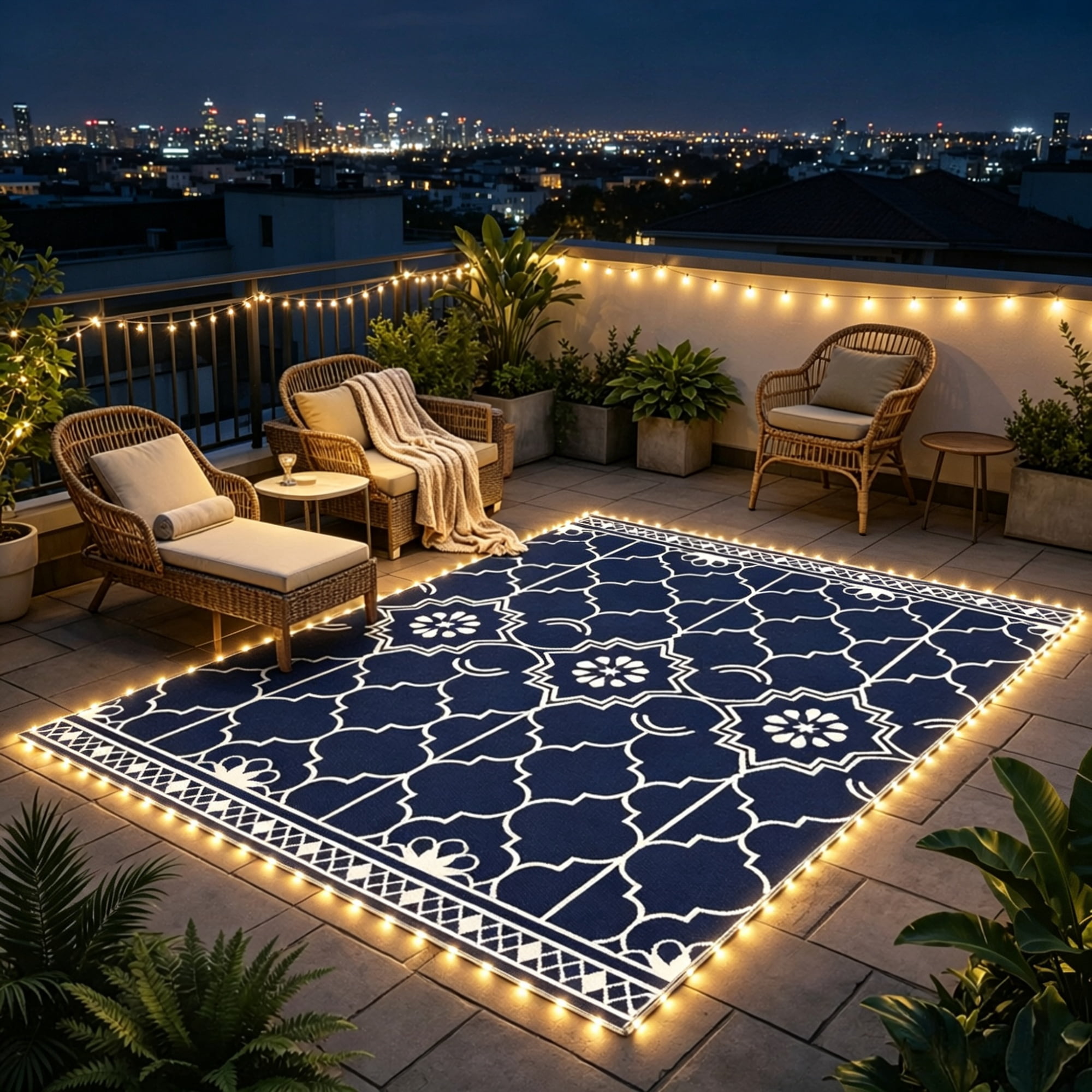 Reversible LED Light Outdoor Rug Carpet 12'x9' PP Straw Material with Carry Bag And Ground Stakes for Garden Patio Decor