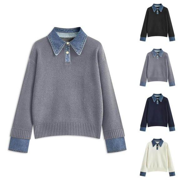 Womens Pullover Sweater with Denim Trim Collar Loose Knit Top Elegant Casual Soft Yarn Shirt Style Comfortable Winter Outfit