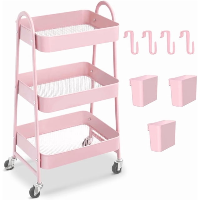 Carrito de Almacenamiento de Metal, 3 Niveles de Almacenaje, Carrito Organizador de Maquillaje con 4 Ganchos y 3 Pequeñas Cestas Colgantes para Oficina, Baño, Salón Cocina