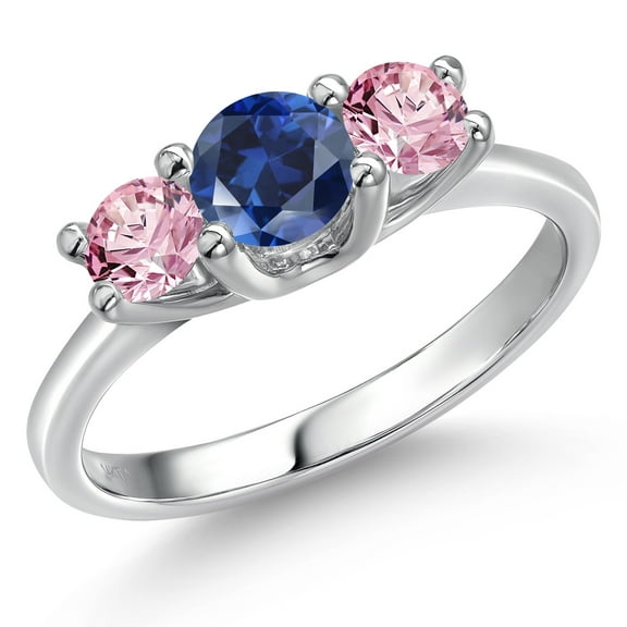 Gem Stone King 14K White Gold Blue Created Sapphire & Pink Lab Grown Diamond 3-Stone Engagement Ring | 1.10 Cttw | Round 5MM and 4MM | Three Stone Wedding Anniversary Promise Ring for Women (Size 7)