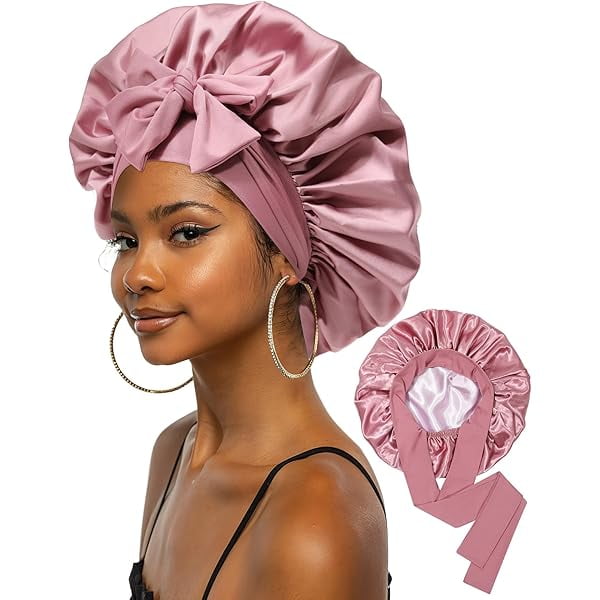 wonima11 Extra Large Satin Bonnet for Sleeping Jumbo Silk Bonnet Double Layer Hair Bonnet for Women with Elastic Tie Band Sleep Wrap for Braids Curly Hair(Bean Paste + Pink)