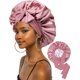 thumbnail image 1 of wonima11 Extra Large Satin Bonnet for Sleeping Jumbo Silk Bonnet Double Layer Hair Bonnet for Women with Elastic Tie Band Sleep Wrap for Braids Curly Hair(Bean Paste + Pink), 1 of 1
