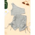 thumbnail image 2 of goowrom Toddler Kid Girl Casual Outfits Sets, Solid Color Oblique Shoulder Crop Tops with Elastic Waist Side Ruched Drawstring Shorts, 2 of 9