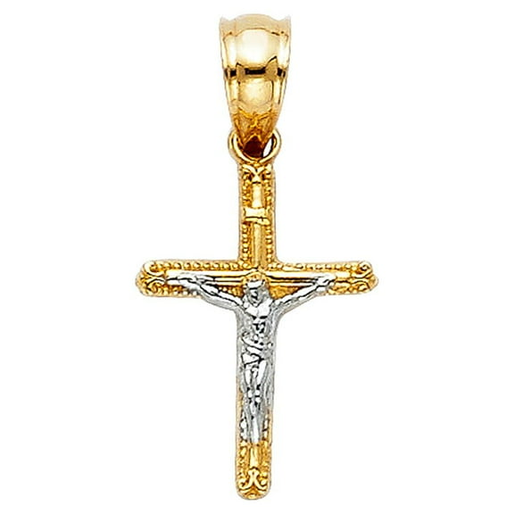 14K Two-tone Gold Small/Mini Religious Tiny Crucifix Charm Pendant (15mm x 10mm)