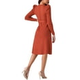 thumbnail image 3 of Vestidos de suéter de manga larga con volantes para mujer INSPIRE CHIC, cuello redondo, cintura con lazo, corte A, estilo casual, tejido de canalé, midi, talla XL, rojo ladrillo, 3 of 5
