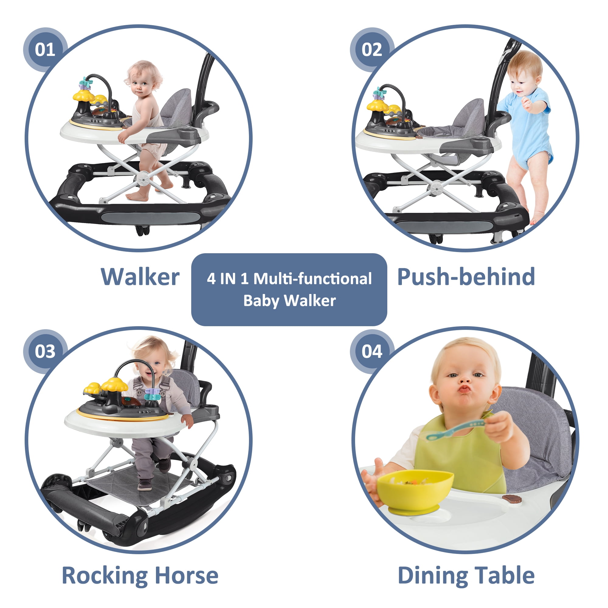 HAOUUCYIN 4-in-1 Baby Walker, Music Activity Push Walker with Wheel, Foldable and Height Adjustable, Black