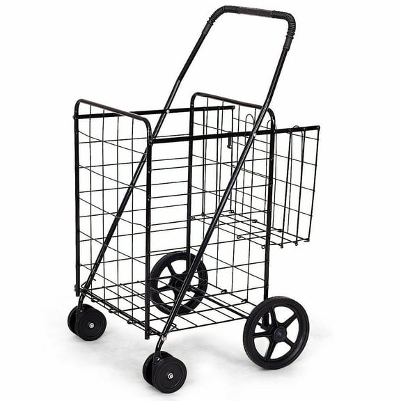NNYYS Folding Shopping Cart, Metal Grocery Cart w/Extra Basket & 360° Swivel Wheels & Non-Slip Handle, Heavy Duty Utility Cart for Grocery Laundry Book Luggage