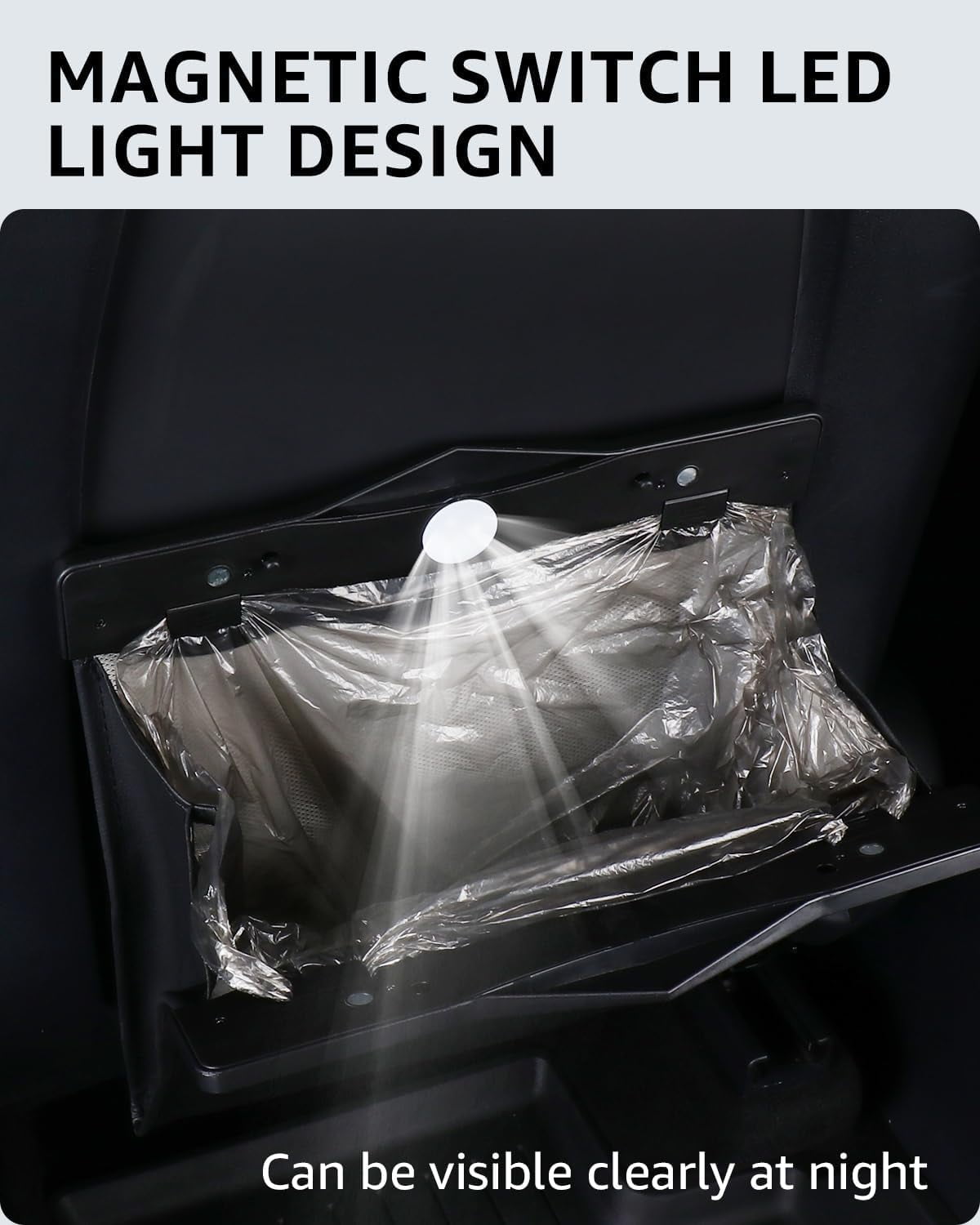 Tesla Model Y Juniper Trash Can 2020-2026 Garbage Bag Bin [Strong Magnetic Buckle] Waterproof with LED Light Faux Leather Interior Accessories 2.5 Gallons