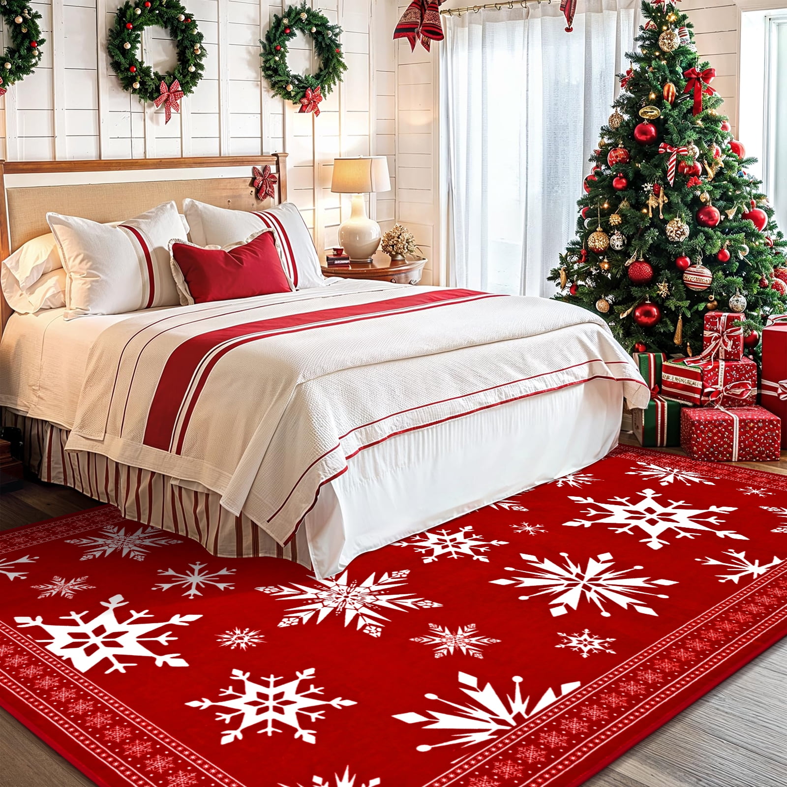 Bleum Cade Christmas Snowflake 5'x7' Area Rugs for Living Room,Red Washable Rugs for Bedroom Dinning Room,Soft Low Pile Rug,Non Slip Durable Large Carpet for Christmas Decorations