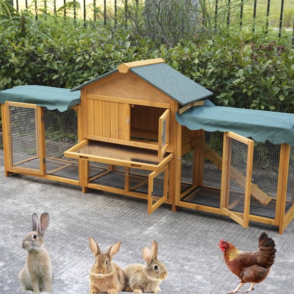 85" Large Rabbit Hutch Outdoor, Wood Bunny Cage Indoor with Cleaning Tray, Waterproof Roof and 4 Doors for Small and Medium Bunny Rabbit Duck Chick, Dark Yellow