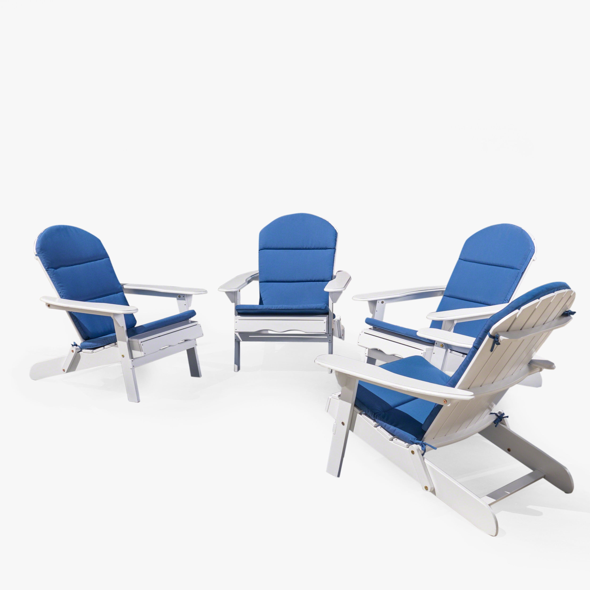 Ariel Outdoor Acacia Wood Folding Adirondack Chairs with Cushions (Set of 4), White and Navy Blue