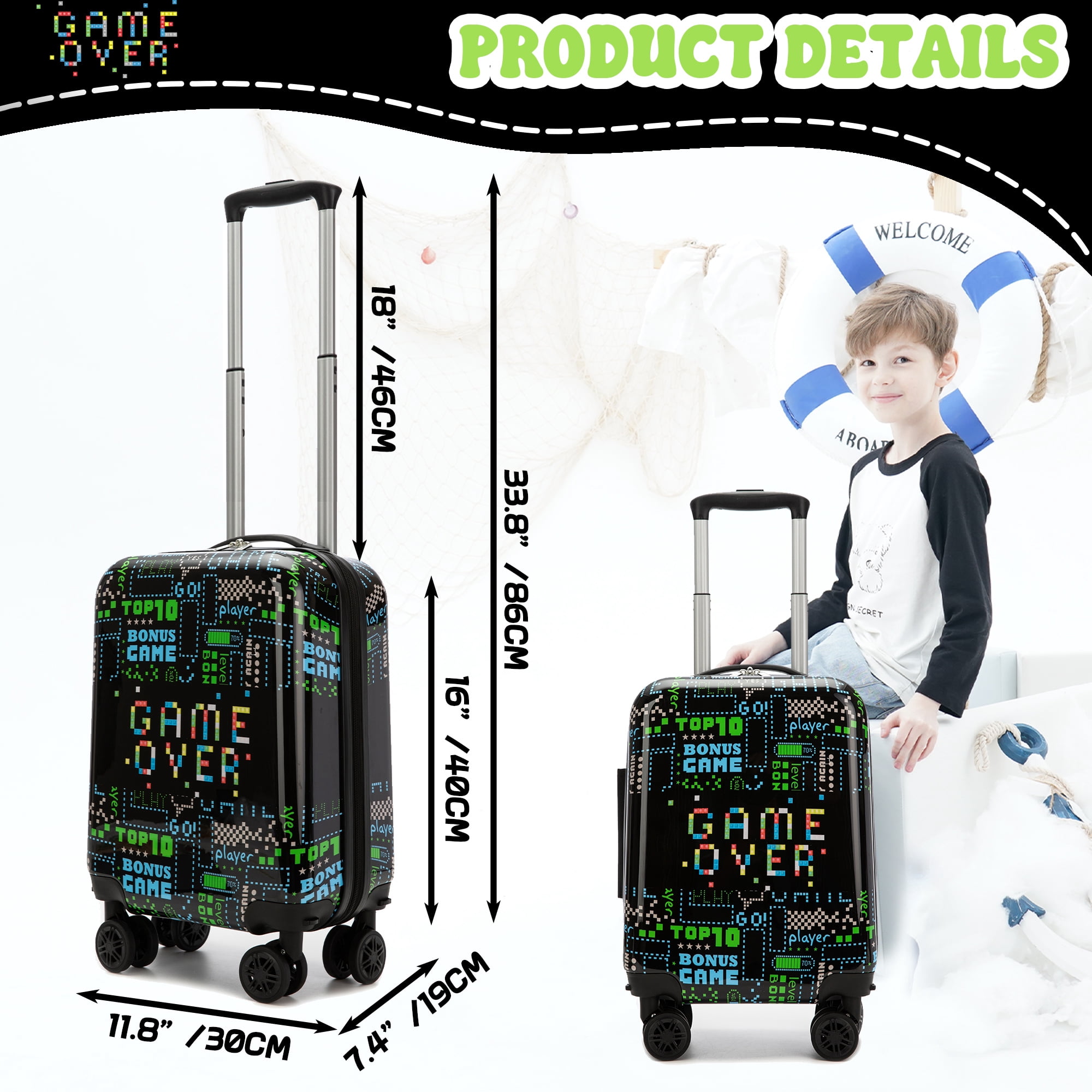 Kids Carry on Luggage Sets 2 Piece with Neck Pillow Airplane Suitcases for Boys with Wheels Hardshell Airline Approved 16 Inch