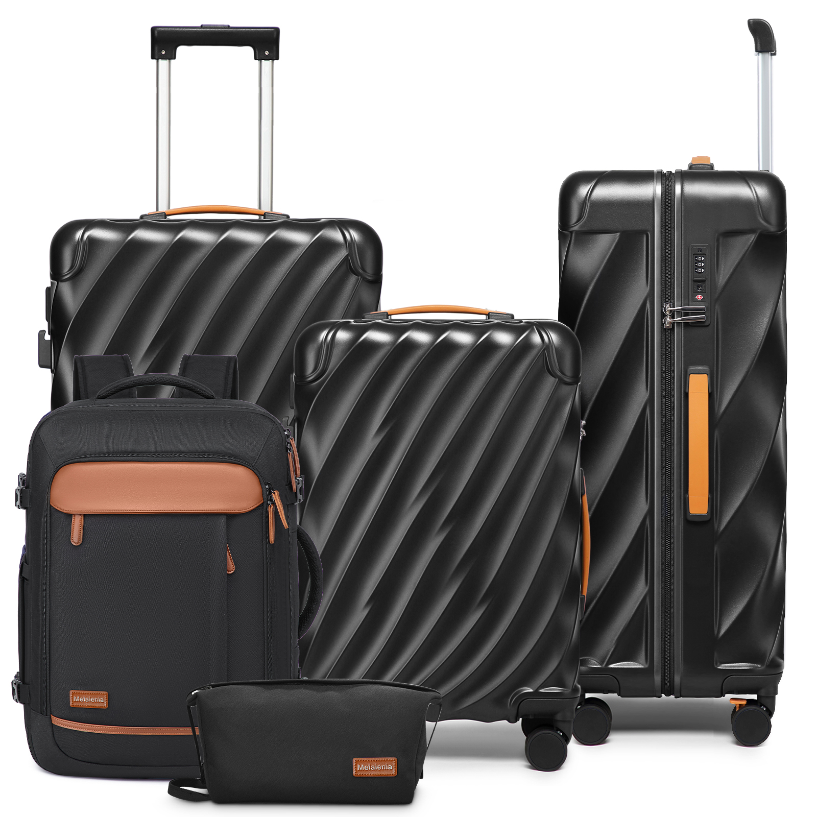 Joyway 5-Piece Luggage Set PC Ultra-Hard Shell Lightweight Suitcase TSA Lock Brake Spinner Wheels (20/24/29) with Backpack Black