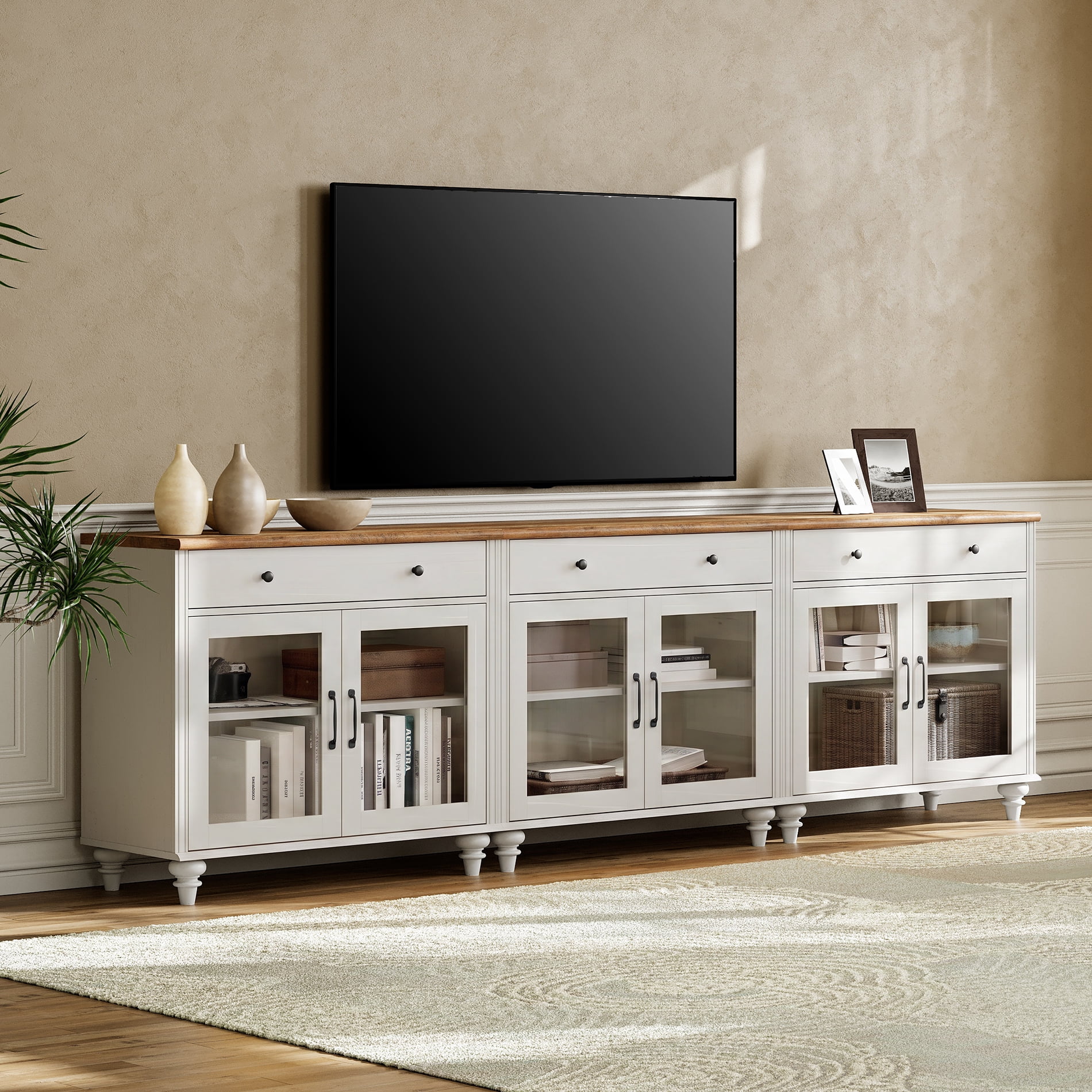 TV Stand For 100 Inch TV Inch TV, 3-In-1 TV Console Table For 75/80/85/90 Inch TV, Entertainment Center With 3 Drawers And 6 Doors, White