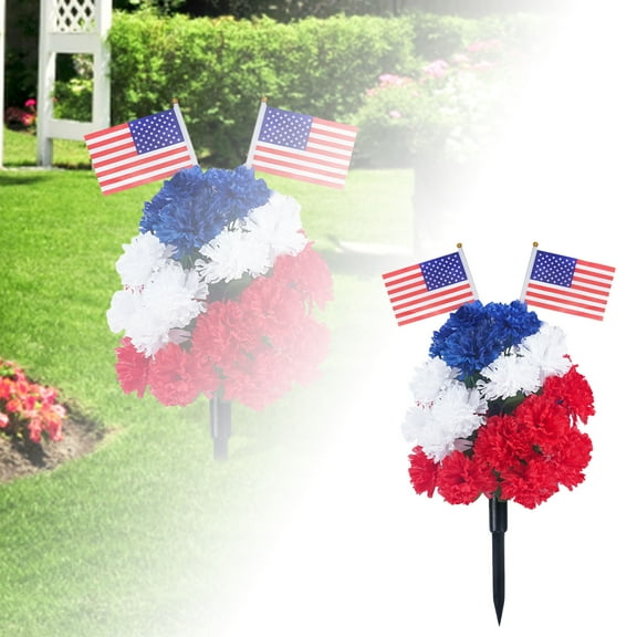 24 Inch Patriotic Flowers Topiary Trees Artificial Red White Blue Outdoor Flowers for Outdoor Planters Artificial Shrubs with Ground Spike Fade Resistant 4th of July Stakes Decor - 1Pack