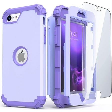 ULAK iPhone SE 2022 2020 Case With Screen Protector, Heavy Duty 3 Layer Shockproof Protective Phone Case for Apple iPhone SE 3rd 2nd Generation for Girls Women, Purple
