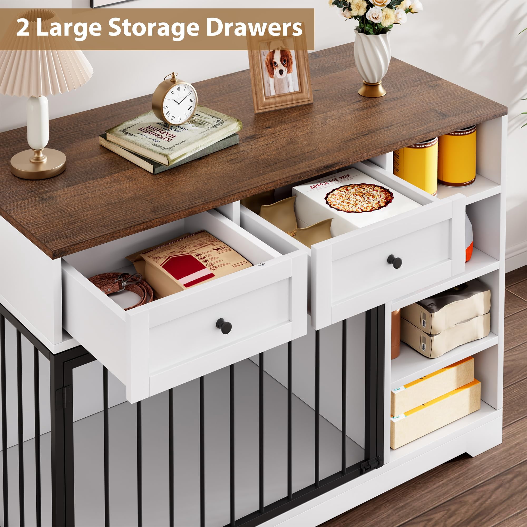 PYY Versatile 47.2" Dog Crate Furniture – 2 Drawers & 4 Shelves, Wooden Indoor Kennel TV Stand, Pet Bed for Small, Medium, Large Dogs, Home Office – Classic Color + White