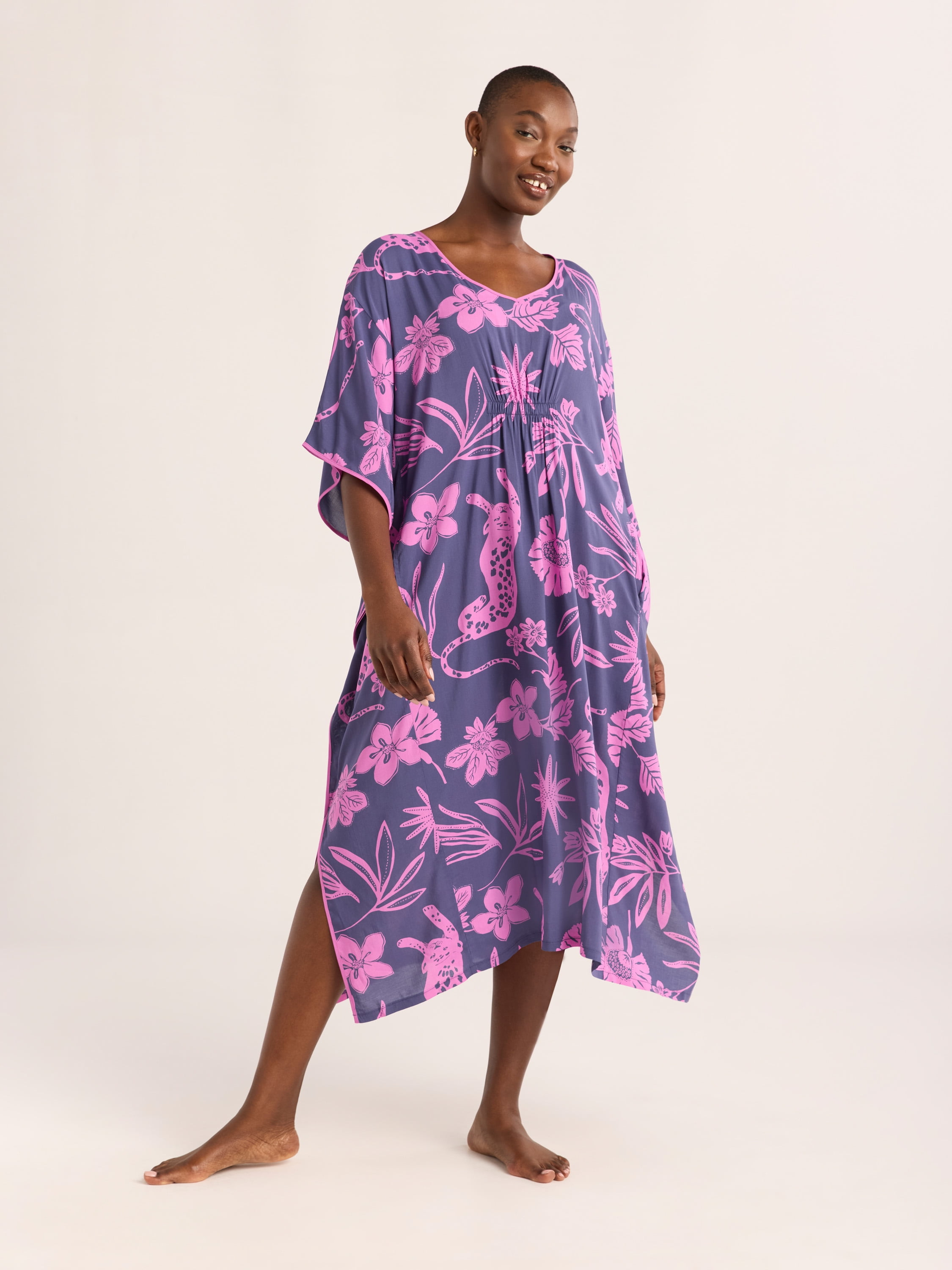 Joyspun Women's Woven Caftan Nightgown 46-inch Maxi Sleepwear with