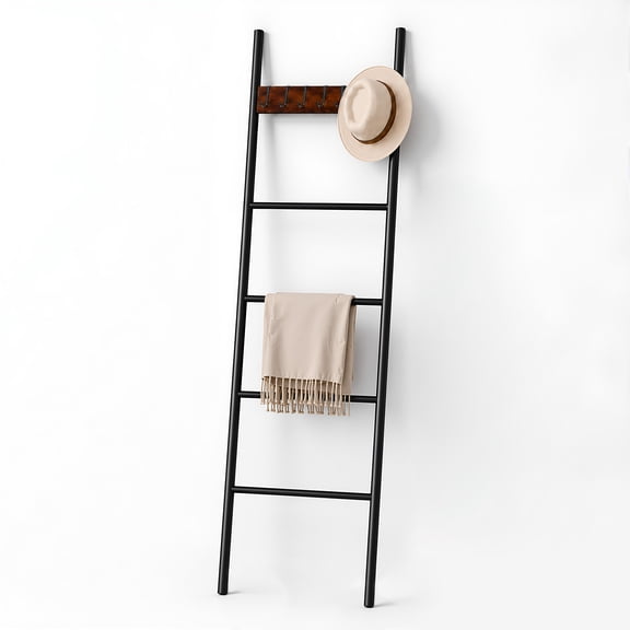 Agesis Blanket Ladder with 4 Removable Hooks,5-Tier Blanket Rack Decorative Stand Towel Quilt Rack Holder for Bathroom Living Room Decor Black