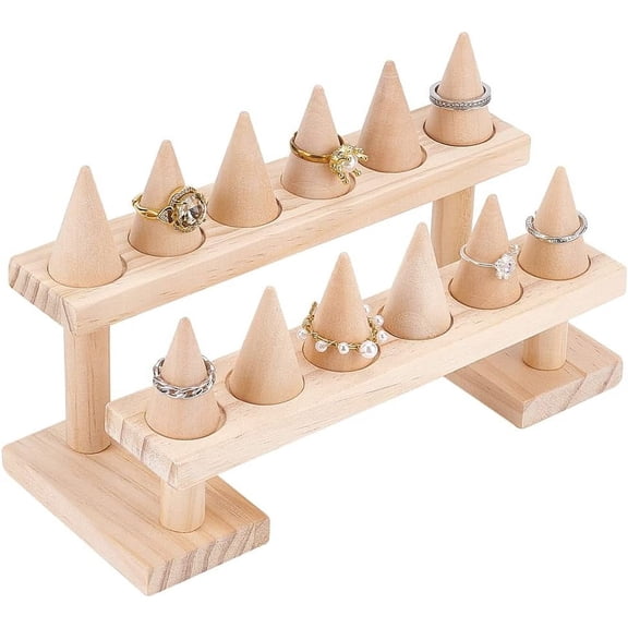 2-Tier 12-Slot Wood Finger Ring Display Risers Ring Organizet Stand with 12Pcs Wooden Display Cone Holders Tan 9x21.5x12cm