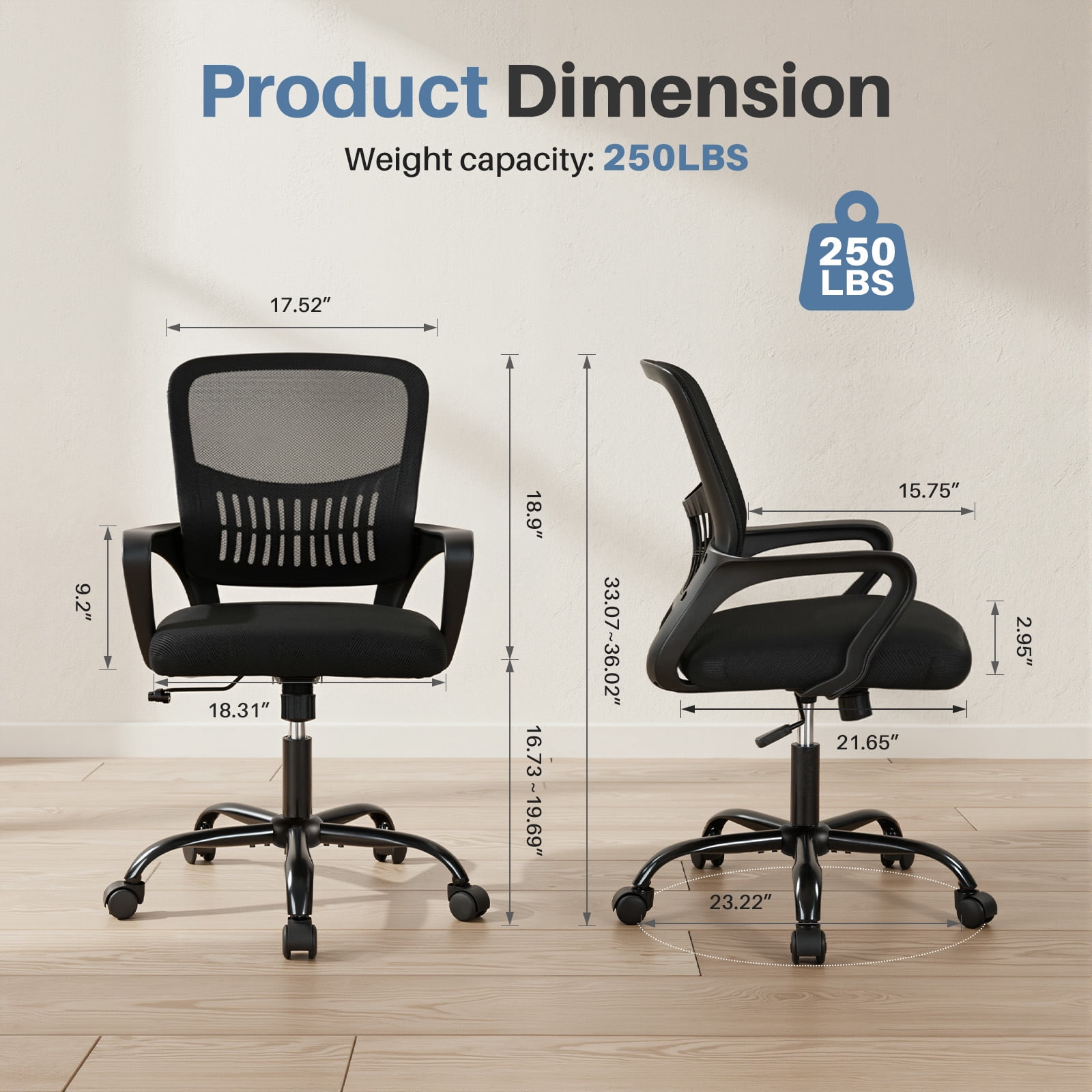 Adjustable Rotating Computer Chair with Lumbar Support and Armrests