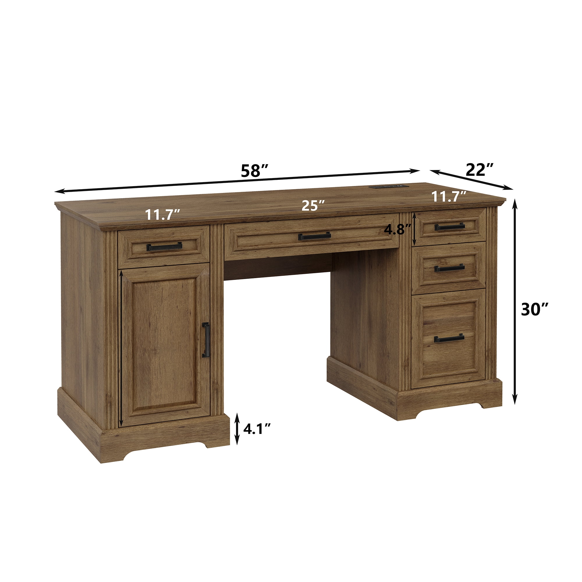 Furnihold 58"W Executive Desk with Outlet and 5 Drawers, Farmhouse Computer Desk, Wooden Home Office Desk, Workspace for Work Study Writing, Brown