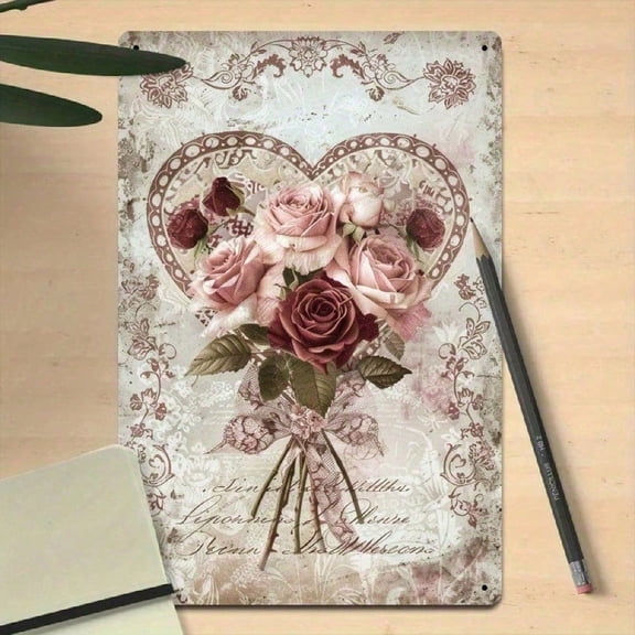 HELLOYOUNG Vintage Retro Rose Metal Tin Sign 8x12 Inch, Romantic Pink Flower Heart Wall Art Decor for Home Cafe Restaurant Bedroom