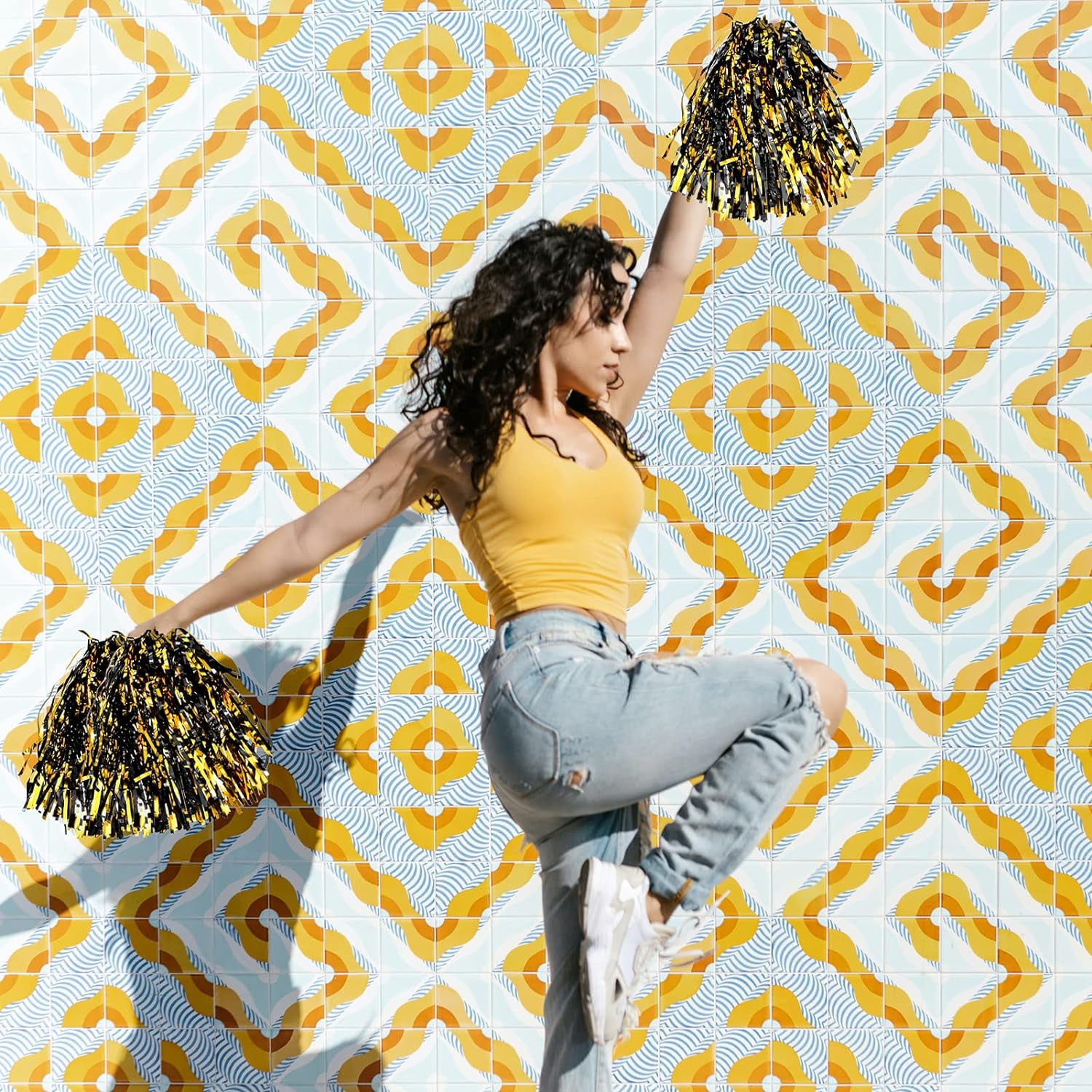 12 Pack Cheerleading Pom Poms with Baton Handle, Metallic Foil Pom Poms Hand Flowers Cheerleader Pompoms for Sports Cheers Ball Dance Fancy Dress Night Party (Black/Gold)