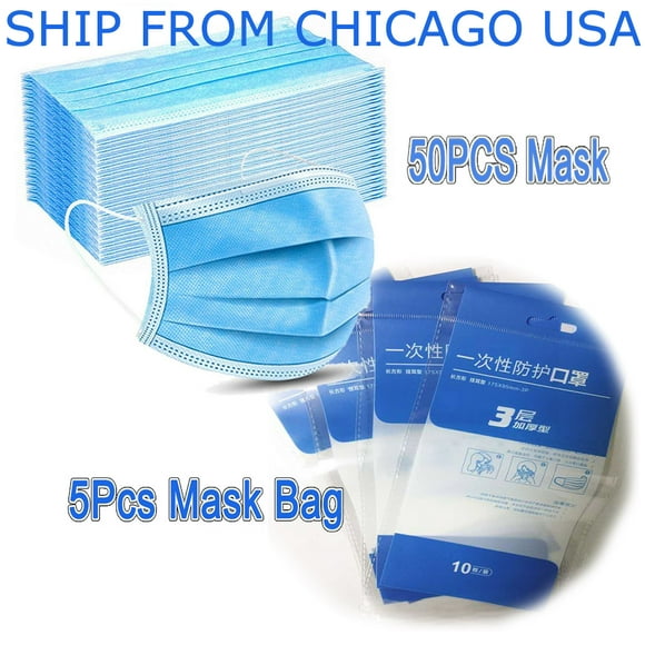HDFK 50pcs 3 Ply Disposable Face Masks Mask Plus 5PCS Mask Bag High Quality Melt-Blown Material 3 Layers Face Mask for Adults Light Blue With Elatic Ear Loop