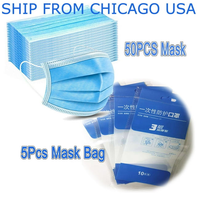 HDFK 50pcs 3 Ply Disposable Face Masks Mask Plus 5PCS Mask Bag High Quality Melt-Blown Material 3 Layers Face Mask for Adults Light Blue With Elatic Ear Loop