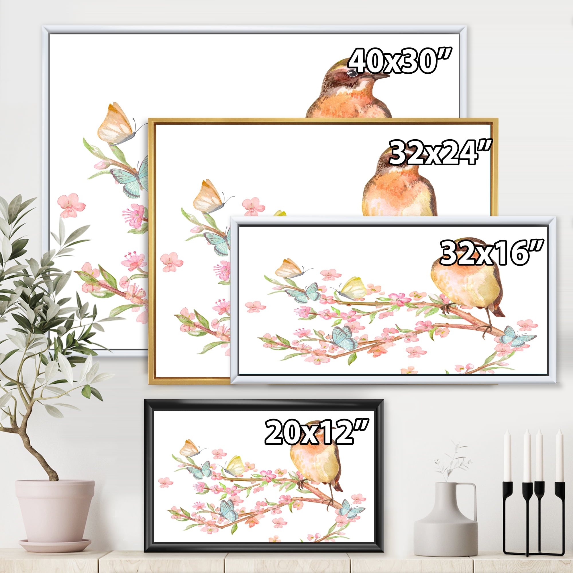 Lovely Bird Sitting On Branch of Sakura With Butterflies 40 in x 30 in Framed Painting Canvas Art Print, by Designart