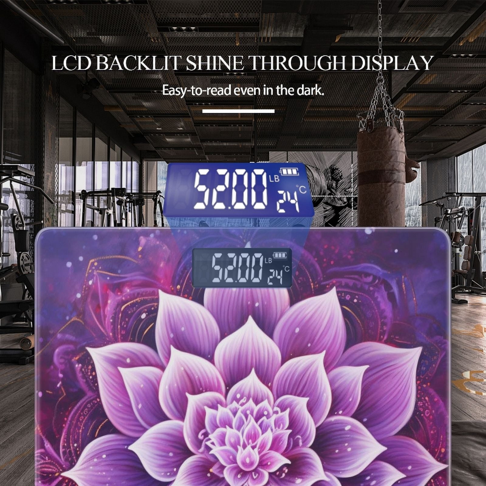 High Precision Body Weight Scale Smart Bathroom Scales with Large LCD Display(400lbs),Decorative for Bedroom-Purple Lotus Flower Surrounded By Intricate Mandala Pattern