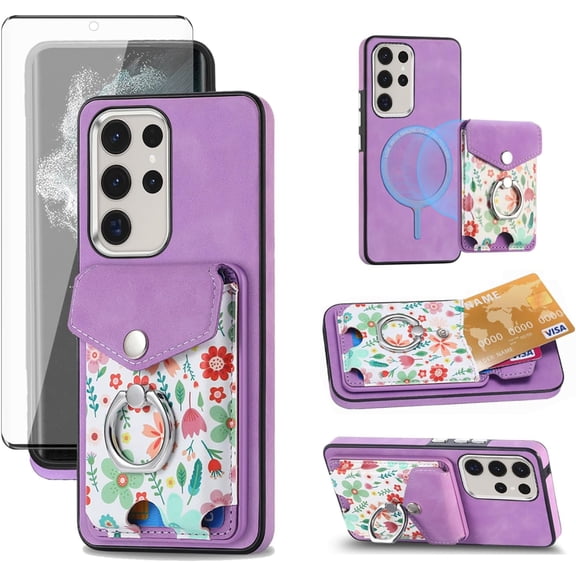 Phone Case for Samsung Galaxy S22 Ultra 5G Wallet Cell Cover with Screen Protector Magnetic Slim Ring Stand Kickstand Back Credit Card Holder Slot S22ultra 22S S 22 S22ultra5g 6.8 Girls Purple