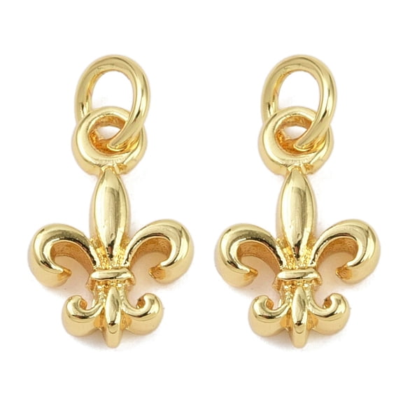 Brass Pendants with Jump Ring Fleur-De-Lis Charms Real 18K golden Plated 12.5x8x2.5mm Hole: 3mm